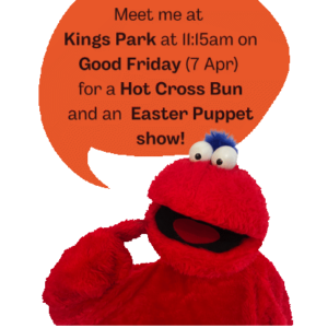 Meet Strawberry at Kings Park at 11:15 AM on Good Friday (7 April) for a Hot cross Bun and an Easter puppet Show.