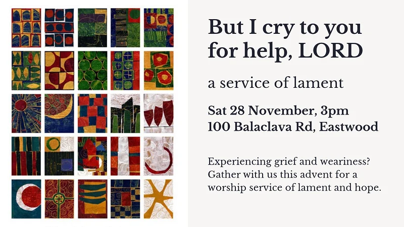 Left side has list of pictures showing different shapes, the right side states "But I cry to you for help, LORD. - a service of lament'